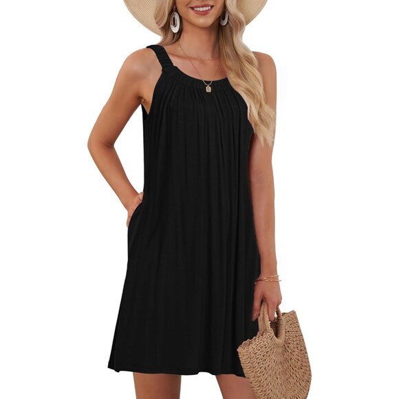 🆕Women's Black Rayon Beach Cover Up Tank Dress Halter Casual Vacation Pockets - Picture 1 of 4